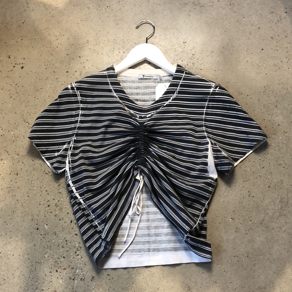 T by Alexander Wang Black Short-Sleeve Striped Gathered-Front Tee - Picture 2 of 10